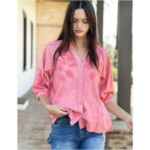 Billy T Linen Blend Embroidered Floral Boho Blouse Pink Peasant Top Coastal L